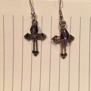 Cross w purple dangle crystal earrings NWT
